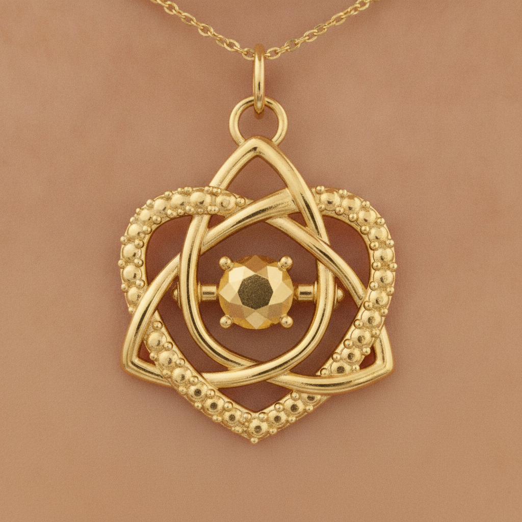 The Celtic Trinity Knot Heart Emerald Pendant Necklace in 9K gold by MokshaGoldSculptures.