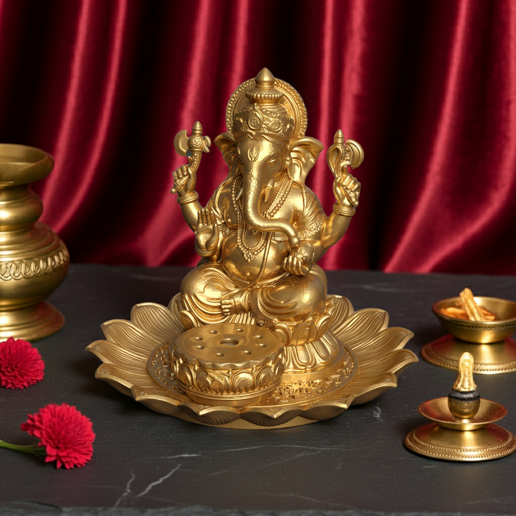 Golden Ganesh Incense Holder with Lotus Base – PLA 3D Printed Spiritual Decor – Meditation Ash Catcher – Hindu Home Temple Gift – Free Shipping