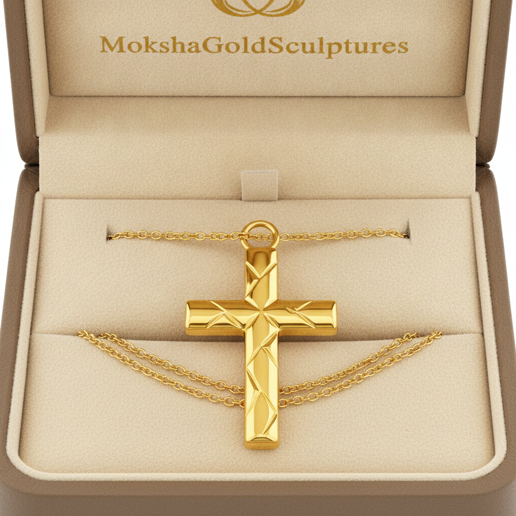 Faceted Cross Pendant Necklace in 9K Gold, 925 Silver, or Yellow Brass by MokshaGoldSculptures in branded beige box.