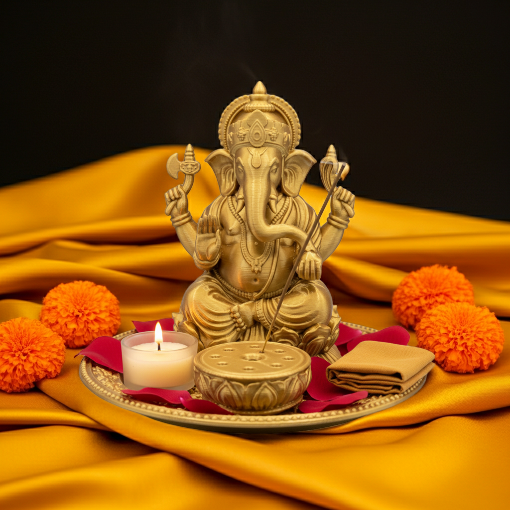 The Ganesh Incense Holder Tray by MokshaGoldSculptures with PLA & resin finish, décor accents, on yellow fabric.
