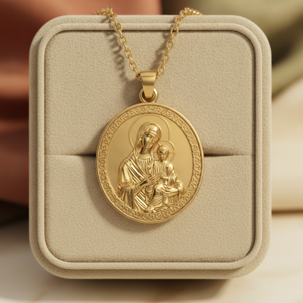 Virgin Mary & Child Coin Pendant Necklace | Blessed Mother Medallion | Christian Jewelry in 18K Gold, Sterling Silver or Yellow Brass