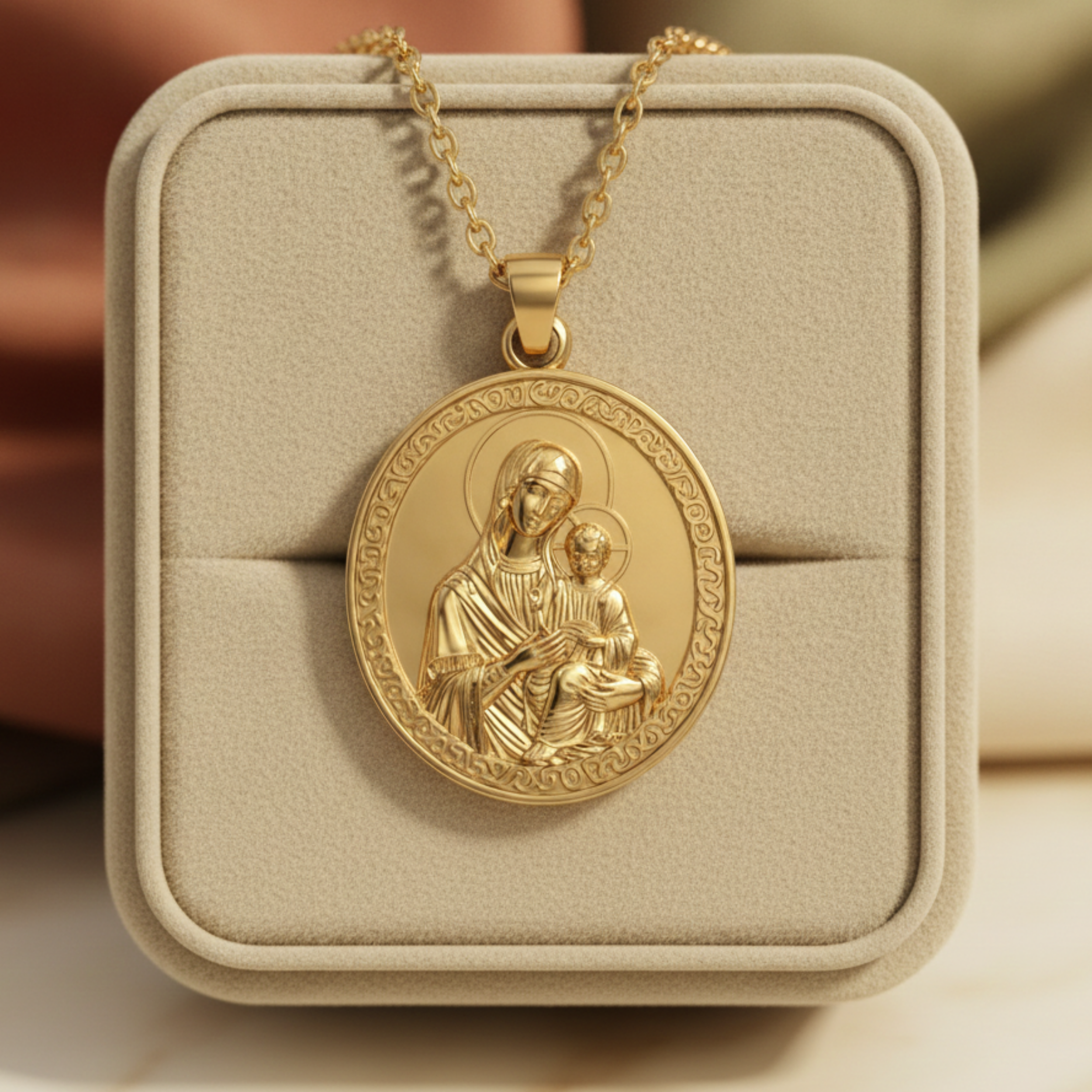 Virgin Mary & Child Coin Pendant Necklace | Blessed Mother Medallion | Christian Jewelry in 18K Gold, Sterling Silver or Yellow Brass