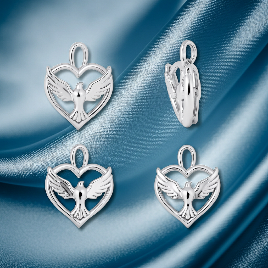 Holy Spirit Dove Heart Pendant – 35mm Polished Silver or Brass – Religious Charm, Christian Jewelry, 3D Relief Pendant