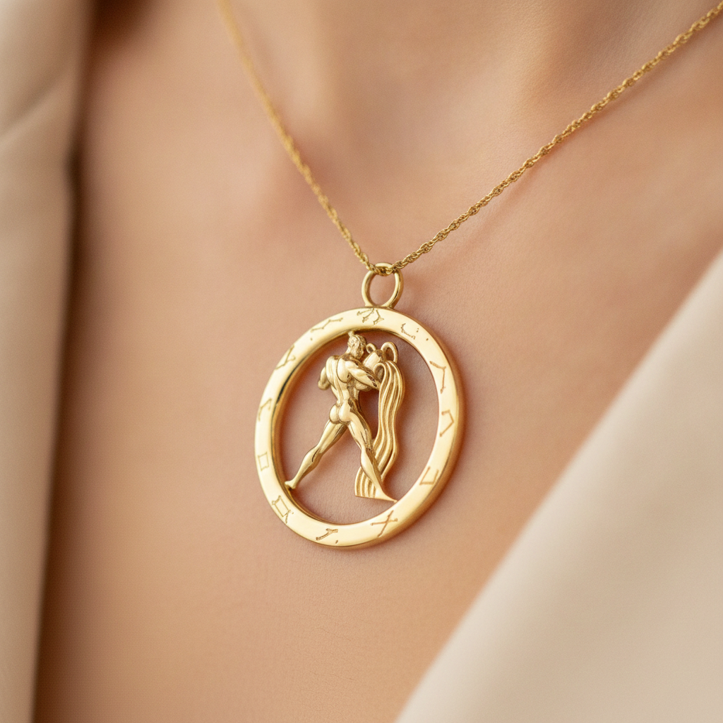Aquarius Zodiac Pendant Necklace in 9K gold, silver, or brass by MokshaGoldSculptures, Water Bearer symbol detailing.
