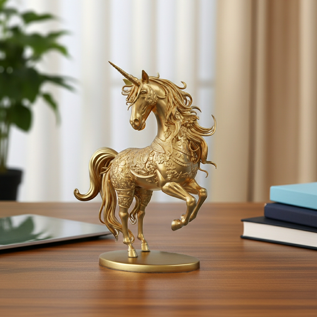 Golden Unicorn Statue 150mm | Small Fantasy Decor | 3D Printed Unicorn Figure | Mythical Gift | Desk Ornament | Home Decoration