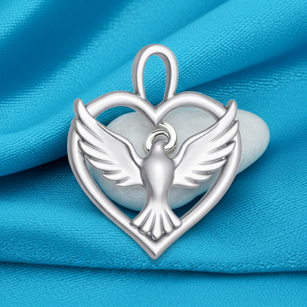 Holy Spirit Dove Heart Pendant – 35mm Polished Silver or Brass – Religious Charm, Christian Jewelry, 3D Relief Pendant