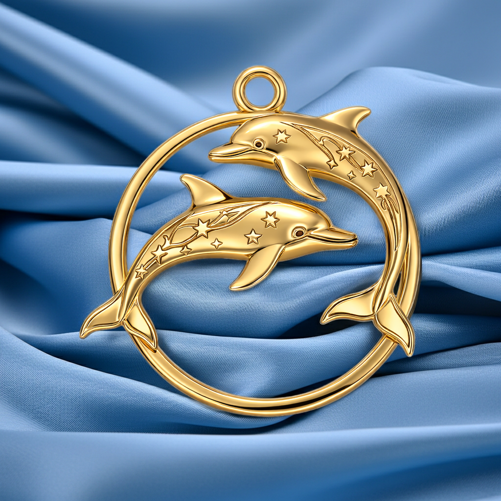 Polished Gold Dolphin Circle Pendant – Celestial Double Dolphin Necklace Charm – 25 x 23 mm
