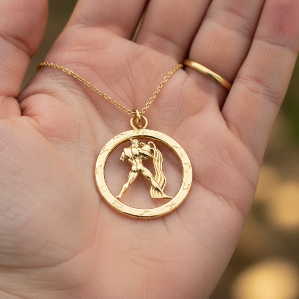 Aquarius Zodiac Pendant Necklace in 9K gold by MokshaGoldSculptures, Aquarius symbol with zodiac signs; hand with simple gold ring.