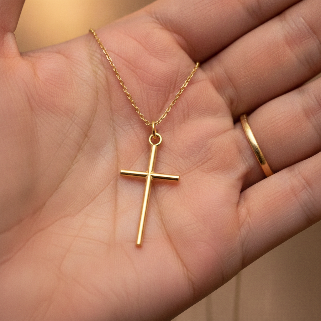 Minimalist Cross Pendant Necklace in 9K gold by MokshaGoldSculptures displayed on hand; simple gold ring on finger.