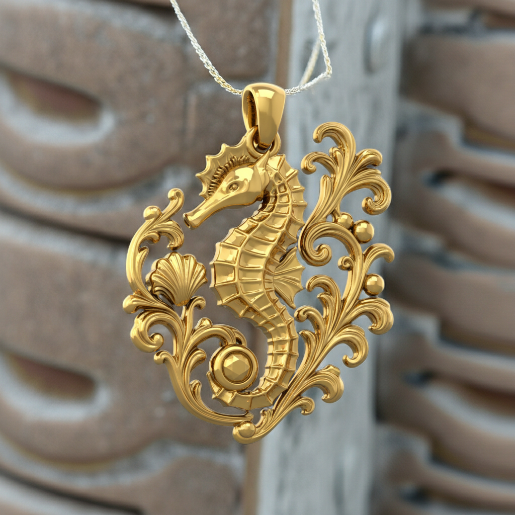 The Seahorse Pendant Necklace in gold, silver, or brass by MokshaGoldSculptures with ornate marine detailing on fine chain.