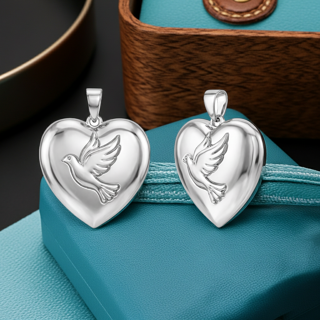 Holy Spirit Dove Heart Pendant – 30mm Polished Silver or Brass – Christian Faith Necklace, Religious 3D Relief Charm
