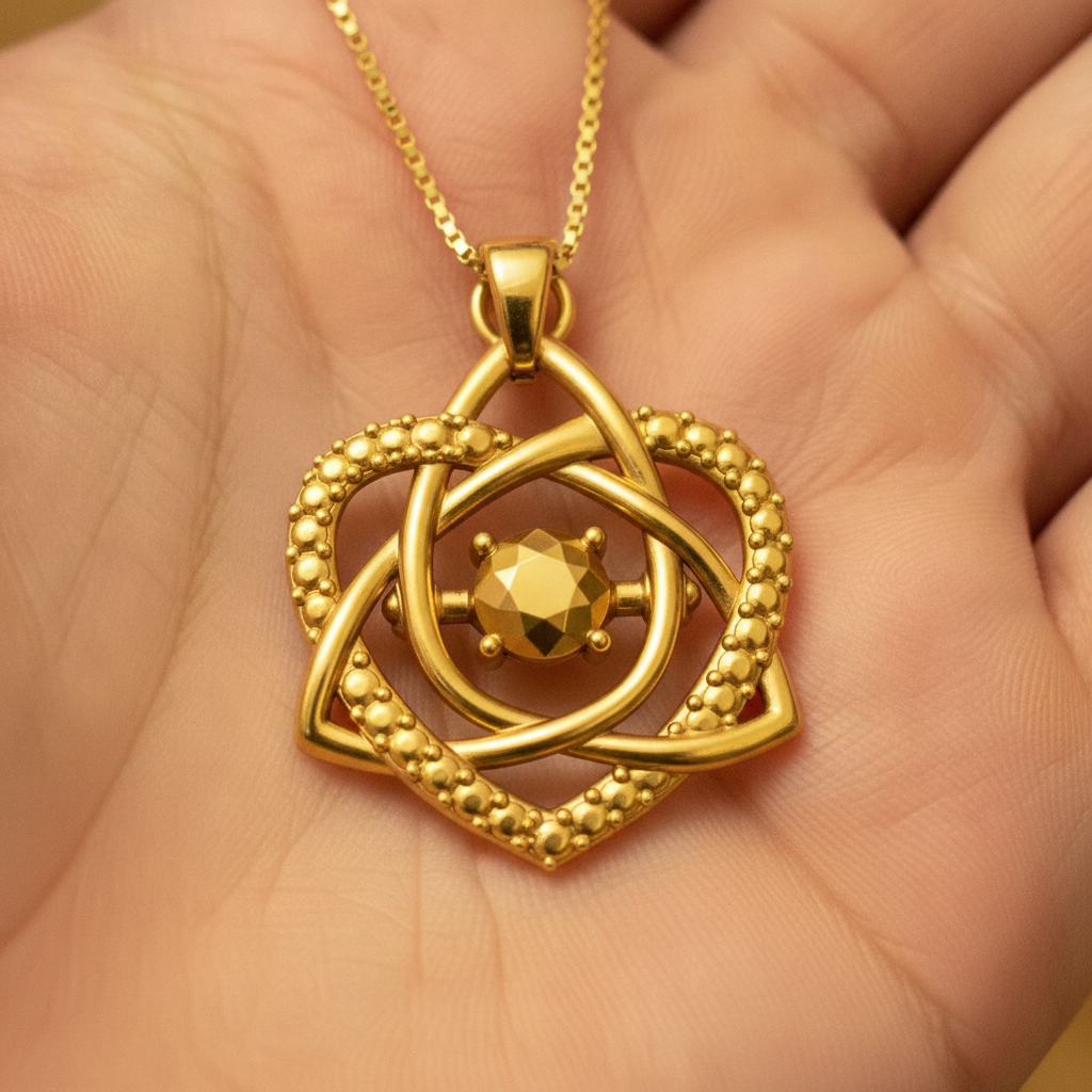 The Celtic Trinity Knot Heart Emerald Pendant Necklace in 9K gold by MokshaGoldSculptures, shown on a palm.