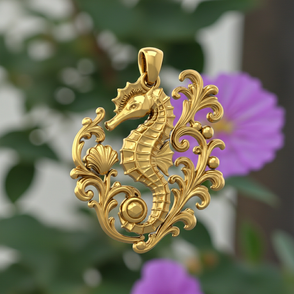 The Seahorse Pendant Necklace in gold by MokshaGoldSculptures, ornate ocean design, outdoor floral background.