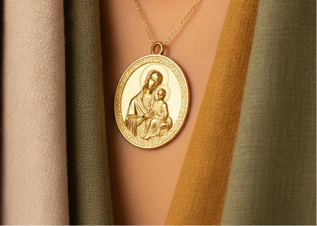 Virgin Mary & Child Coin Pendant Necklace | Blessed Mother Medallion | Christian Jewelry in 18K Gold, Sterling Silver or Yellow Brass