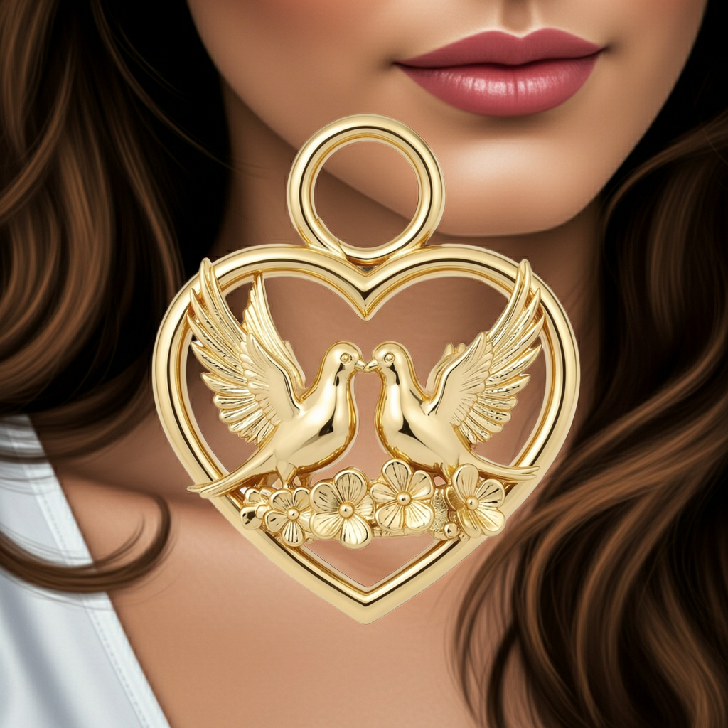 Solid Gold Heart and Dove Pendant - Romantic Love Bird Charm Necklace