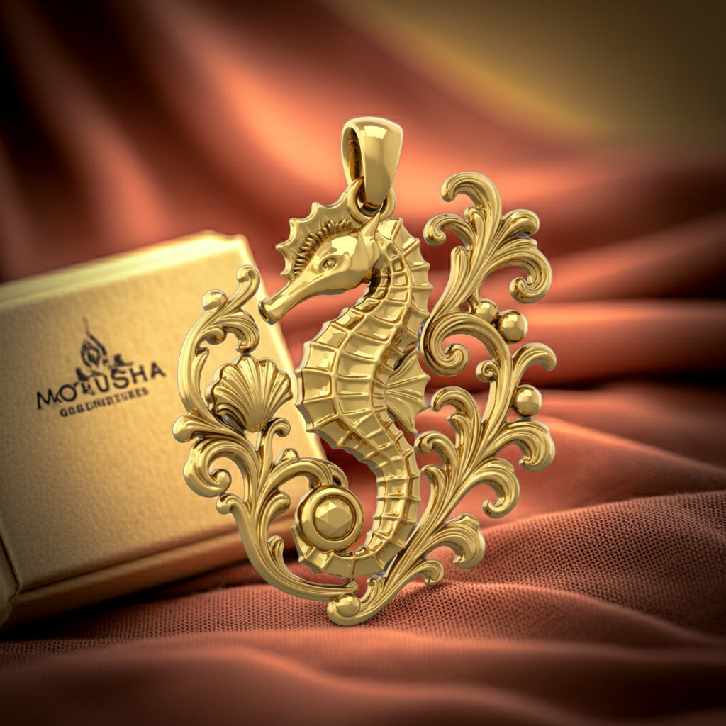 Seahorse Pendant Necklace in gold finish by MokshaGoldSculptures, displayed on brown fabric beside branded box.