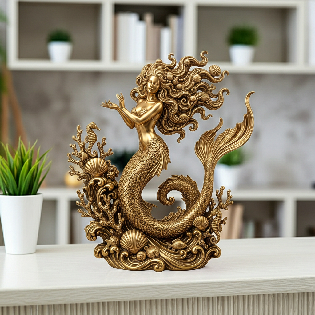 The Golden Mermaid Statue 250mm in gold finish by MokshaGoldSculptures, with flowing hair and fish tail.