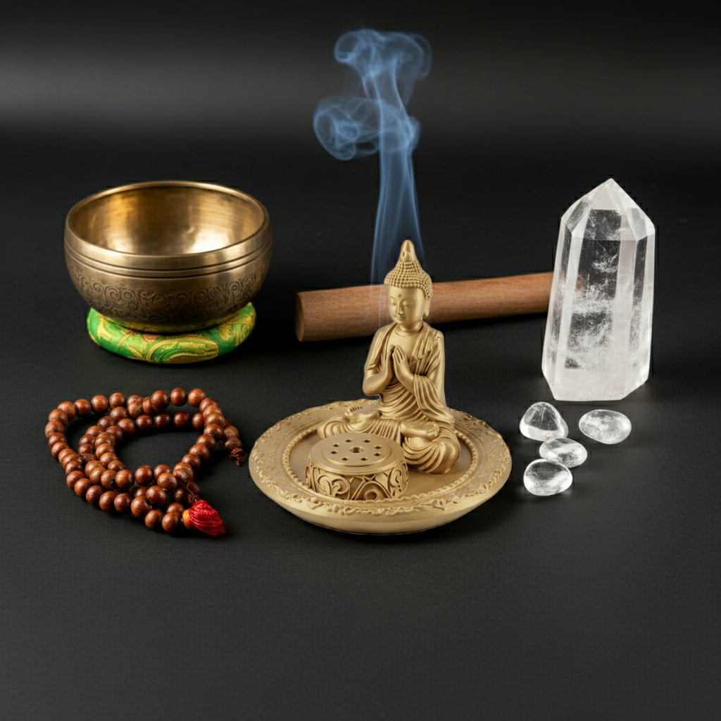 Buddha Incense Holder Tray in gold-tone resin by MokshaGoldSculptures, elegant Zen decor with smooth finish.