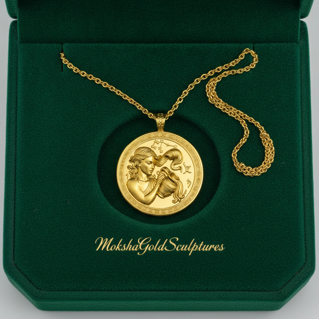 Aquarius Zodiac Pendant Necklace in 9K gold by MokshaGoldSculptures, engraved, shown in green velvet branded box.