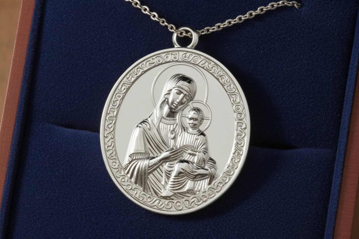 Virgin Mary & Child Coin Pendant Necklace | Blessed Mother Medallion | Christian Jewelry in 18K Gold, Sterling Silver or Yellow Brass