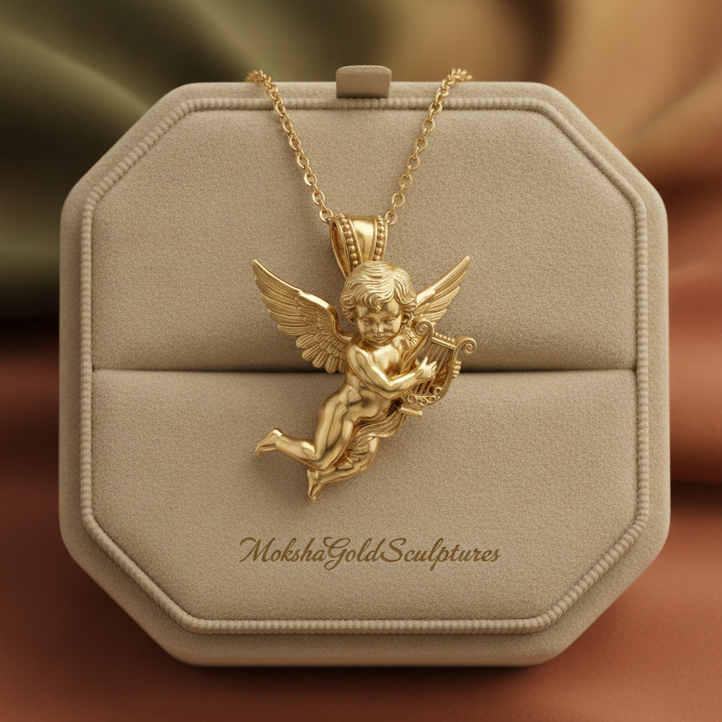 Golden Cherub Harp Pendant Necklace, Guardian Angel Jewelry, 9K Gold Angel Pendant, Sterling Silver Cherub Necklace, Religious Gift