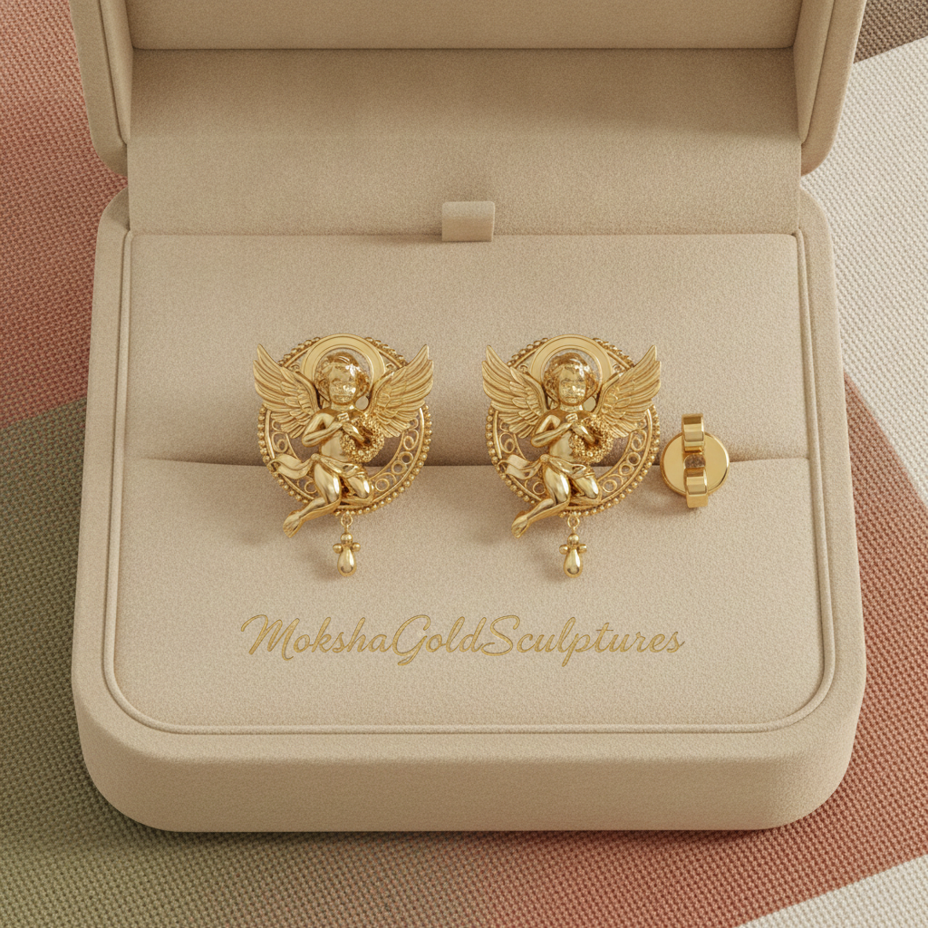 Golden Cherub Angel Stud Earrings | Guardian Angel Jewelry | 9K Gold, Sterling Silver & Yellow Brass | Handmade Religious Gift