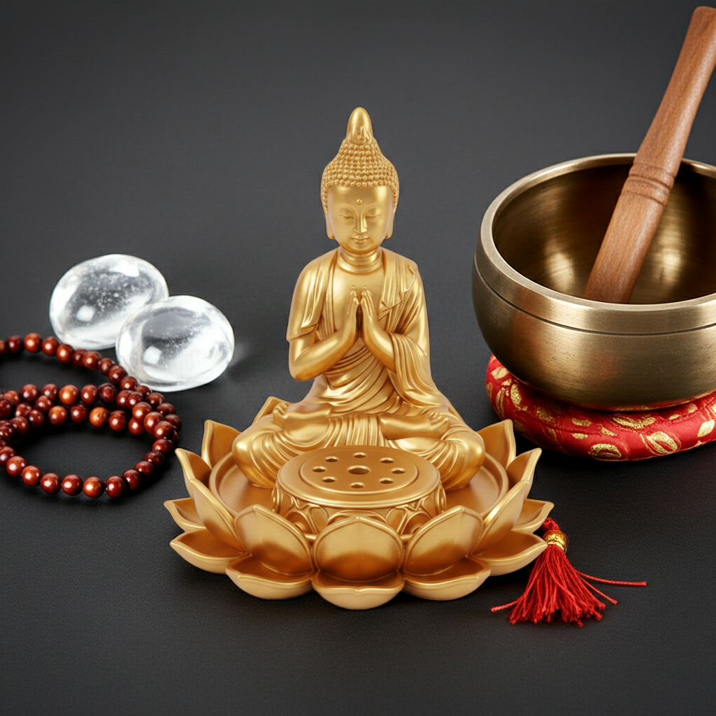 Lotus Buddha Incense Holder in gold finish by MokshaGoldSculptures, with beaded bracelet and stones on a dark surface.