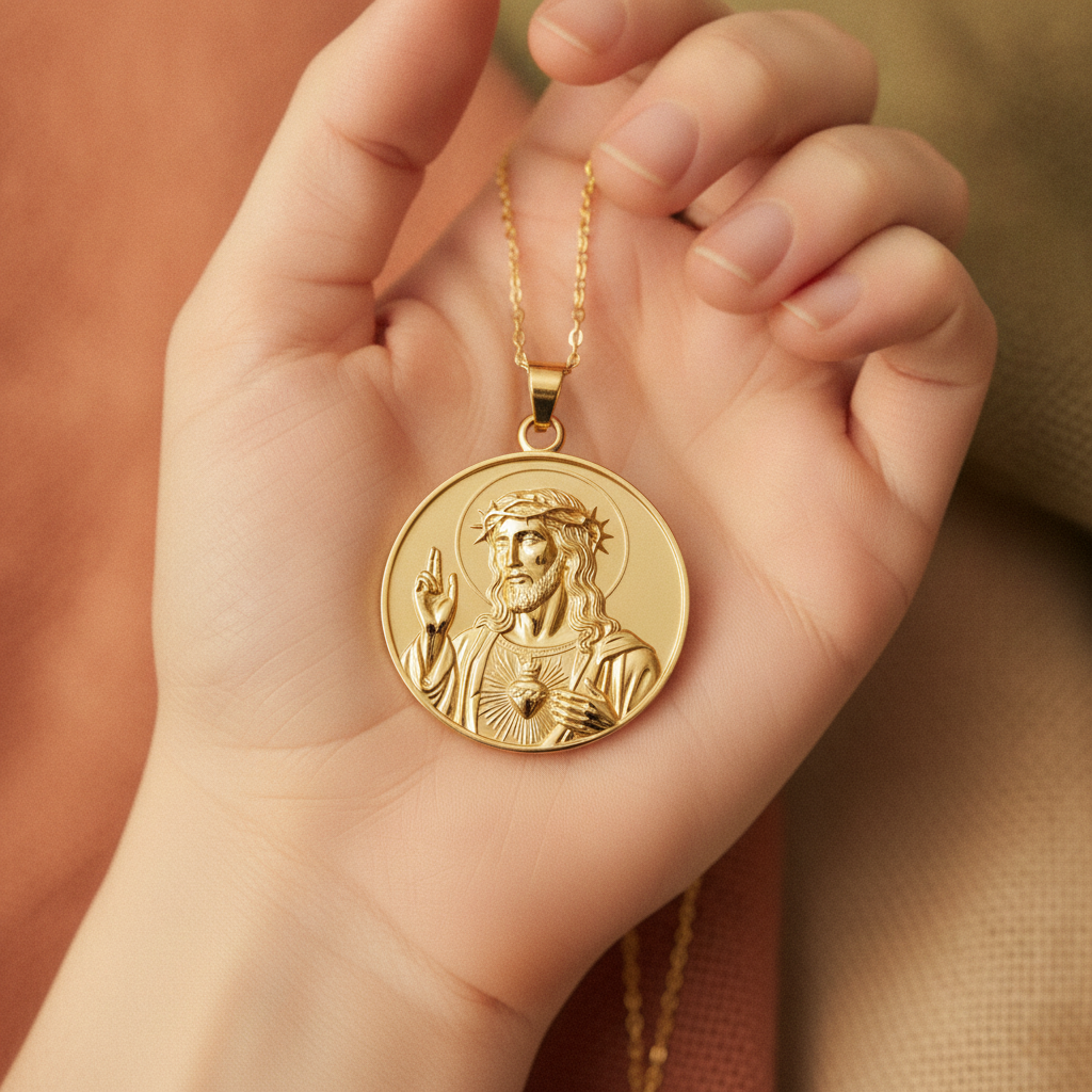 Jesus Sacred Heart Coin Pendant Necklace | 18K Gold Plated, Sterling Silver or Polished Brass | Christian Medallion | Catholic Religious Jewellery | 30mm
