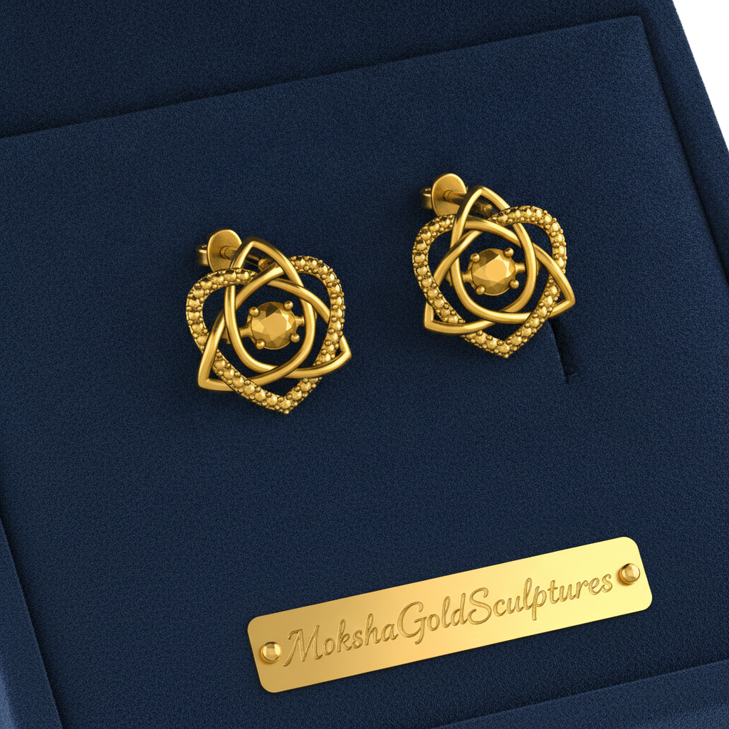 Celtic Trinity Knot Heart Stud Earrings in 9K gold, silver, and brass by MokshaGoldSculptures in navy gift box.