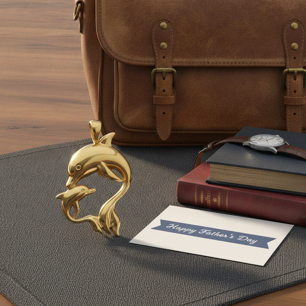 A Dolphin Mother & Baby Pendant Necklace in gold by MokshaGoldSculptures on mat with books, watch, and Father’s Day card.