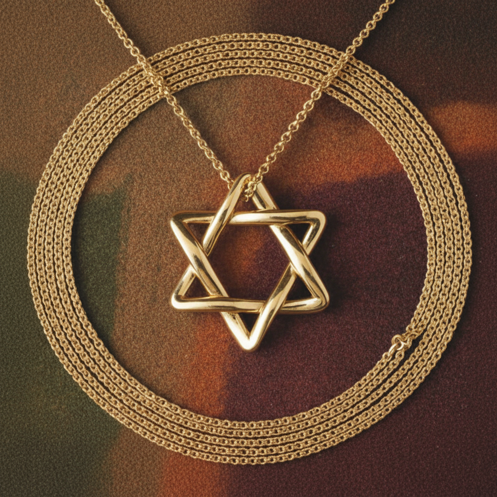 The Interlaced Star of David Pendant Necklace in 18K gold by MokshaGoldSculptures on a circular chain.