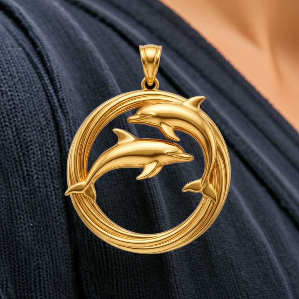 The Dolphin Pendant Necklace in gold or sterling silver by MokshaGoldSculptures, two dolphins in a circular frame.