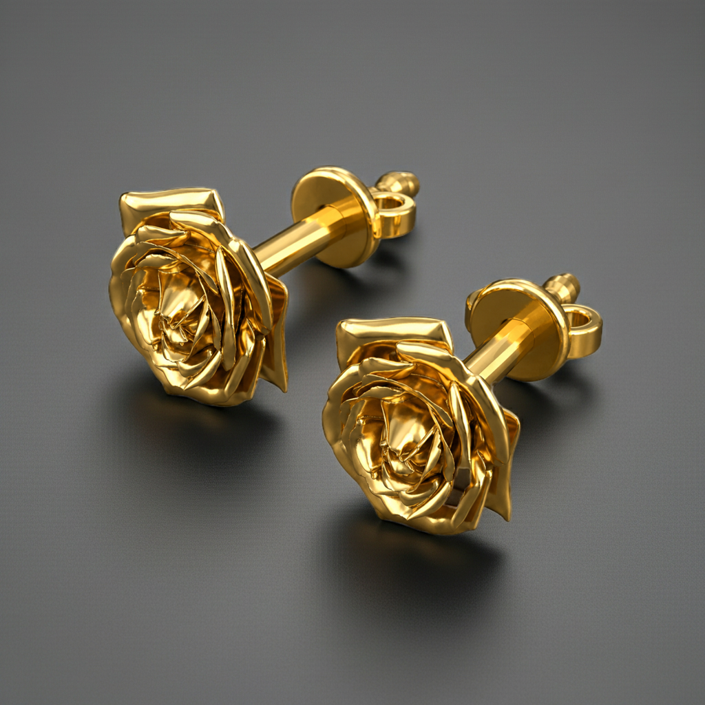 Polished Brass Rose Stud Earrings by MokshaGoldSculptures displayed on a dark gray surface.
