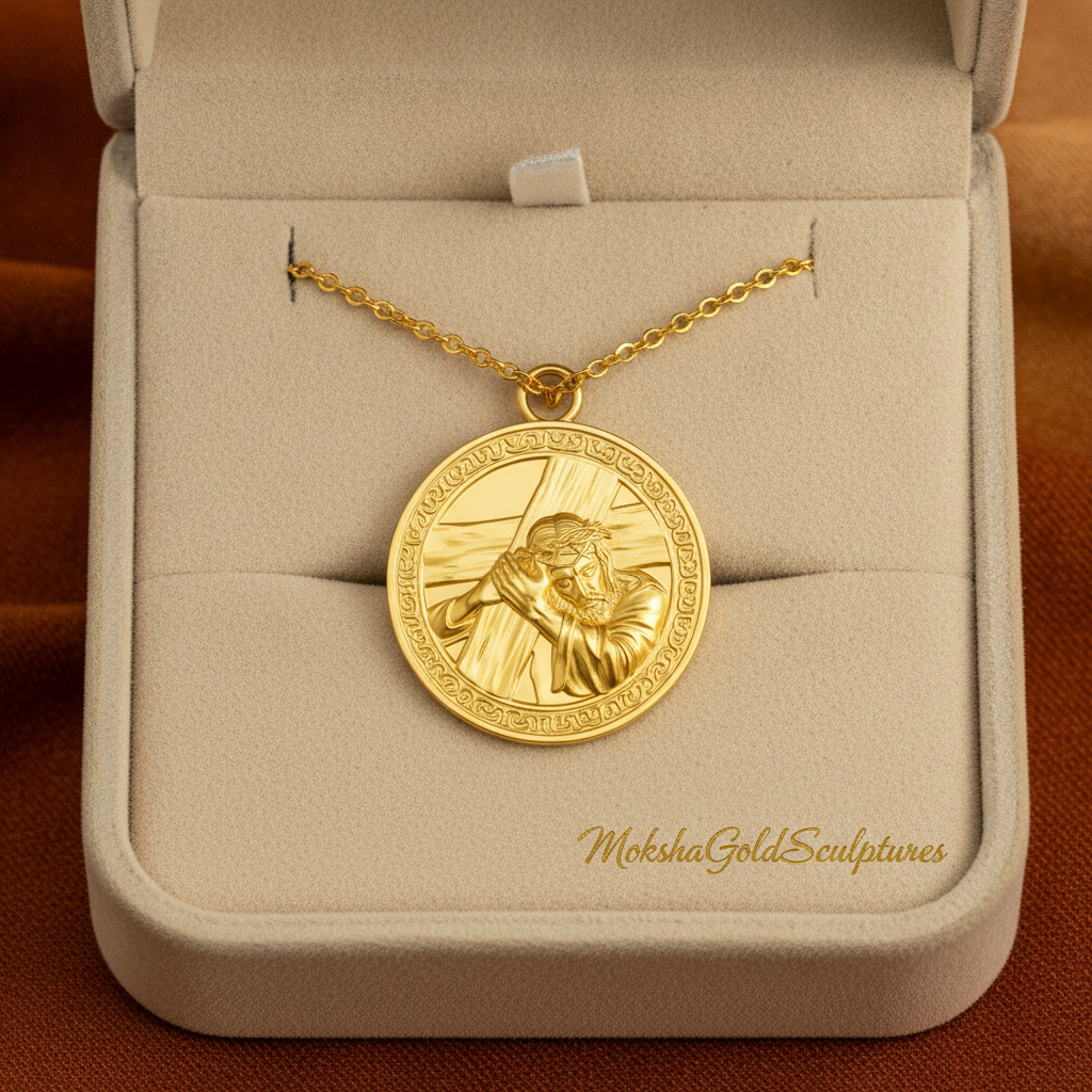 The Jesus Carrying the Cross Medallion Pendant in 9K gold, silver, and brass by MokshaGoldSculptures on a gold chain.