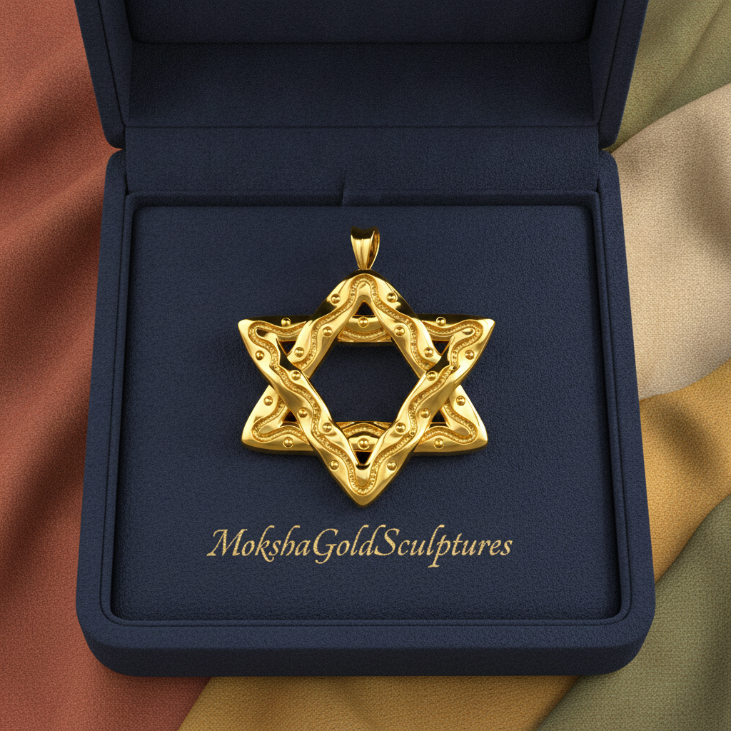 Interwoven Star of David Pendant Necklace in polished yellow brass by MokshaGoldSculptures in an open navy box.