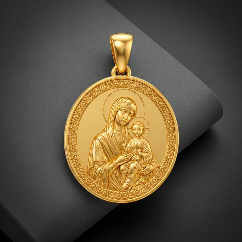 Mary with Baby Jesus Pendant Necklace – Ancient Religious Scene Jewelry – Catholic Christian Devotional Gift