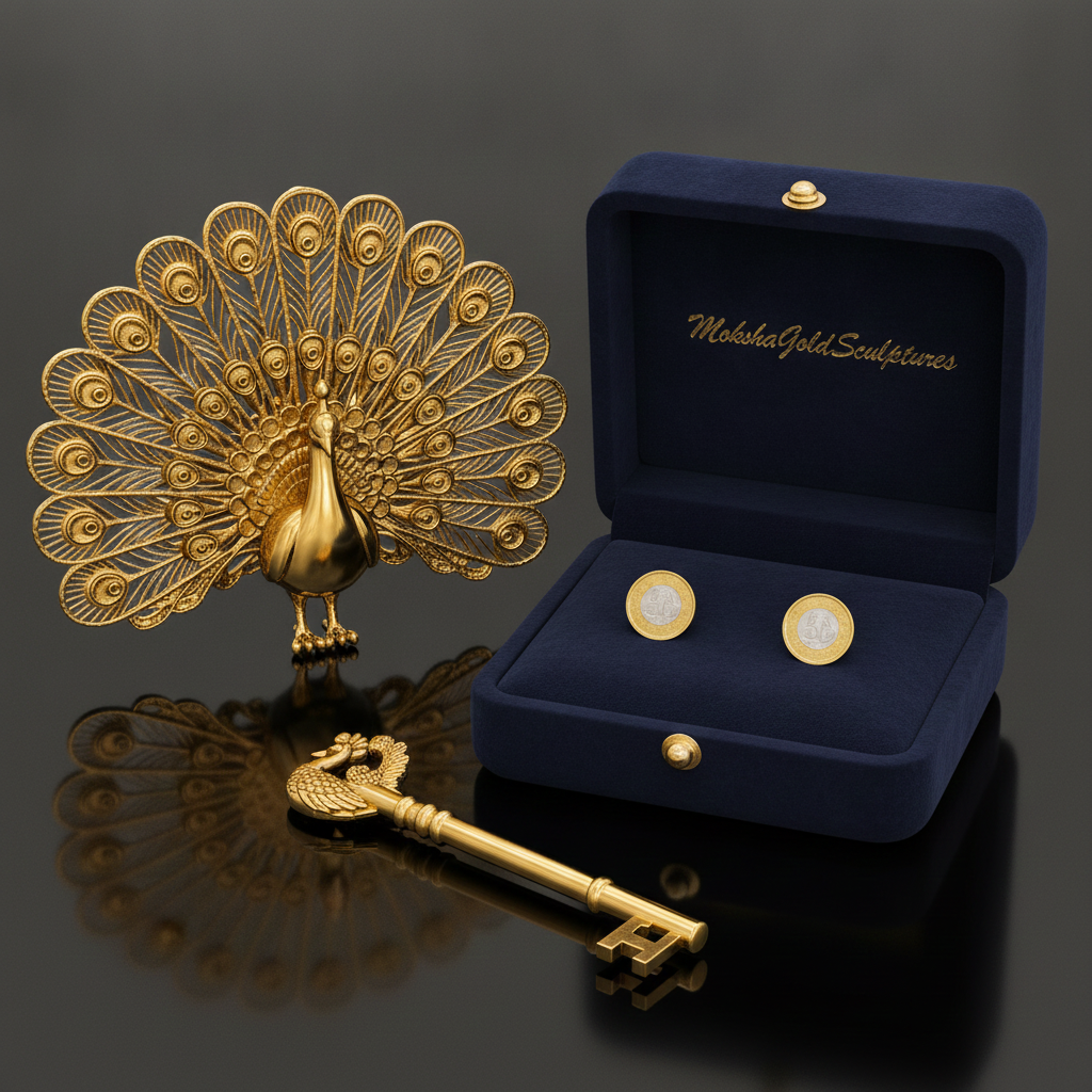 Peacock Stud Earrings in 9K Gold, Sterling Silver, or Brass by MokshaGoldSculptures in blue velvet box with gold peacock.