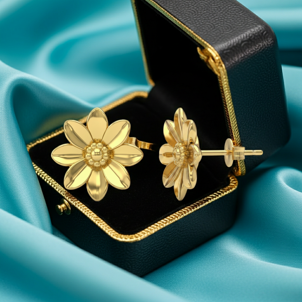 Polished Brass Flower Stud Earrings by MokshaGoldSculptures in black jewelry box with gold trim on turquoise satin.