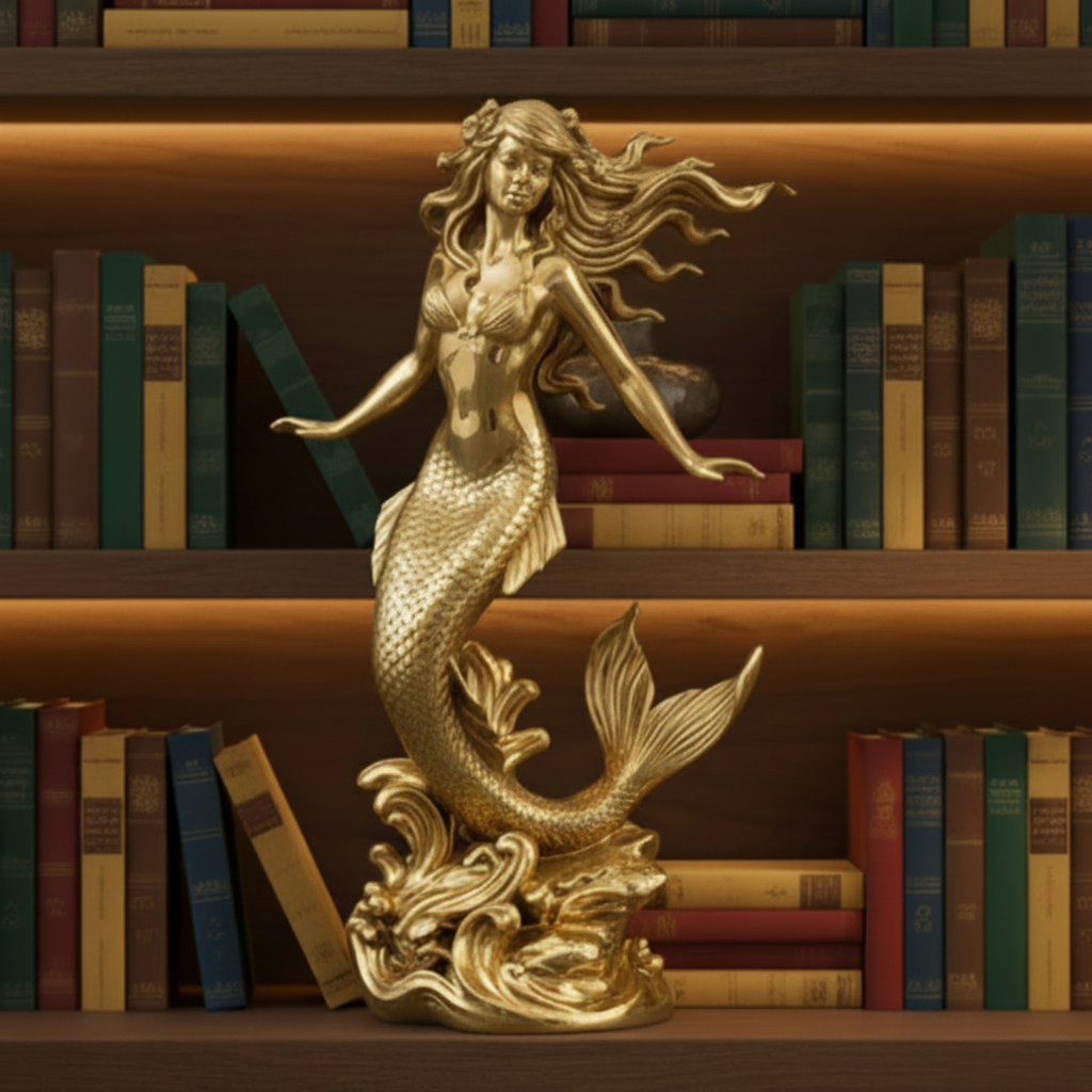 The Polished Brass Mermaid Sculpture in high polish finish by MokshaGoldSculptures.