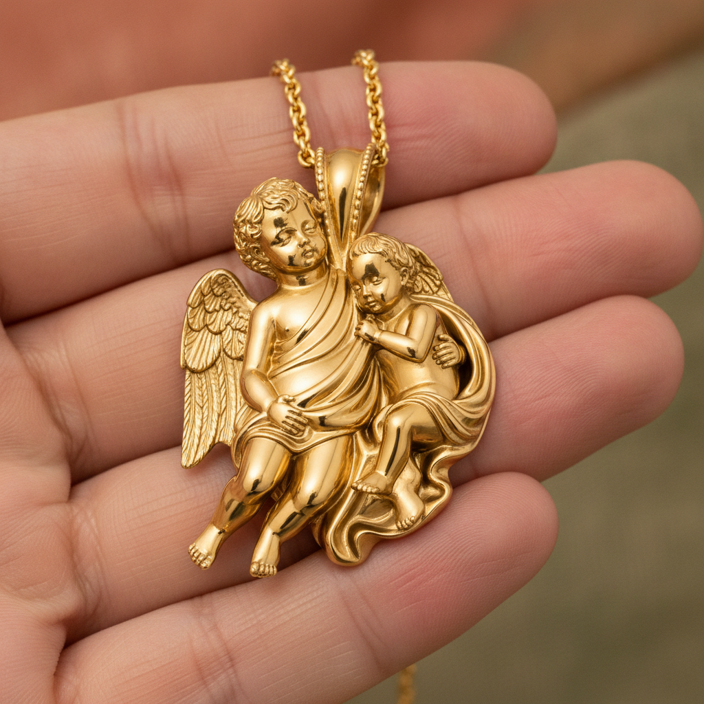 Golden Cherub Duo Pendant Necklace | Guardian Angel Jewelry | 9K Gold, Sterling Silver & Yellow Brass | Handmade Religious Gift