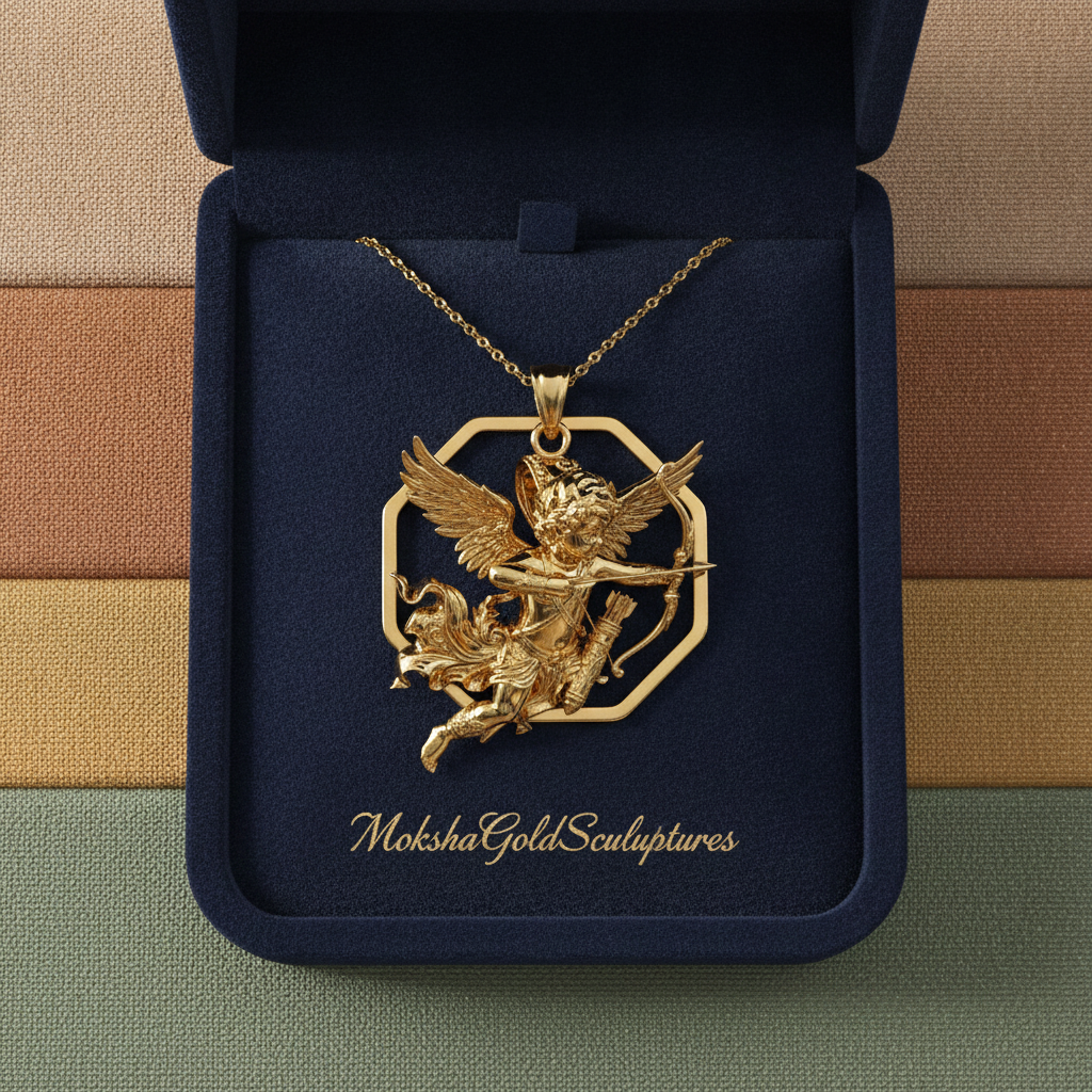 Winged Cupid Archer Pendant Necklace | Cherub Angel with Bow & Arrow | Handmade in 9K Gold, Sterling Silver & Yellow Brass