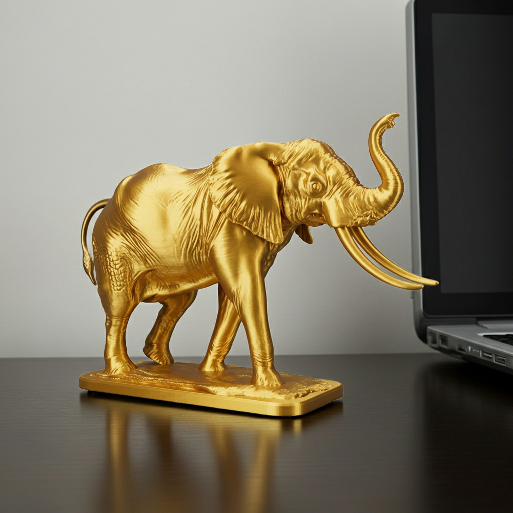 The Majestic Elephant Sculpture in gold PLA finish by MokshaGoldSculptures, shown near a laptop on a dark desk.