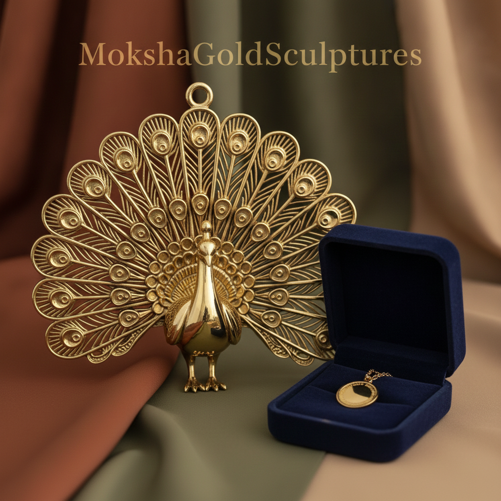 Peacock Pendant Necklace in 9K Gold, Sterling Silver, or Polished Brass by MokshaGoldSculptures with gold peacock sculpture.