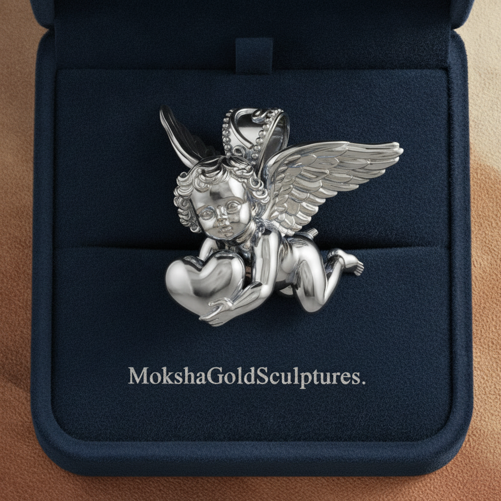 Golden Cherub with Heart Pendant Necklace | Angel of Love & Protection | 9K Gold, Sterling Silver or Polished Brass | Handmade Religious Jewelry Gift