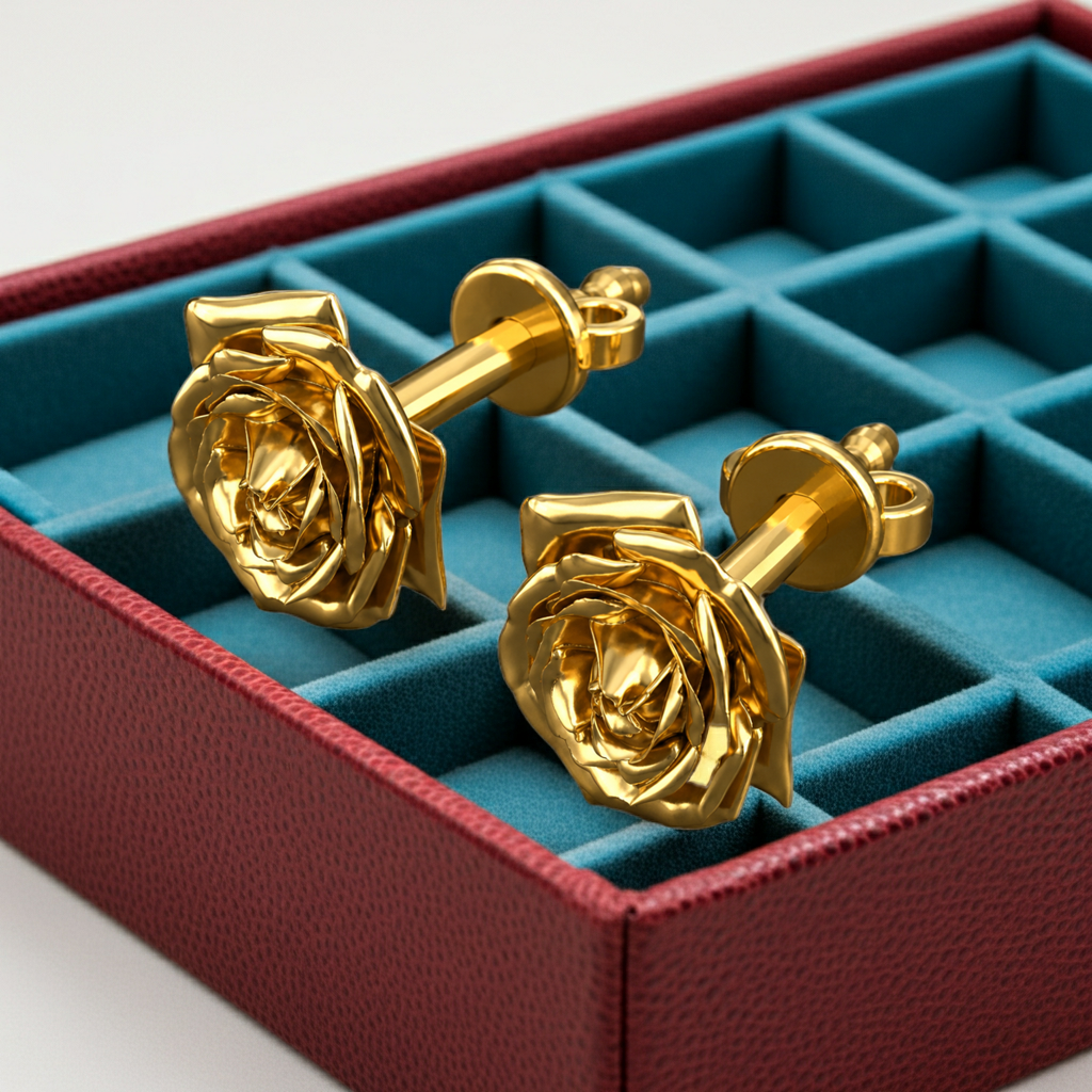 Polished Brass Rose Stud Earrings by MokshaGoldSculptures, sculptural floral design, in blue velvet-lined red box.