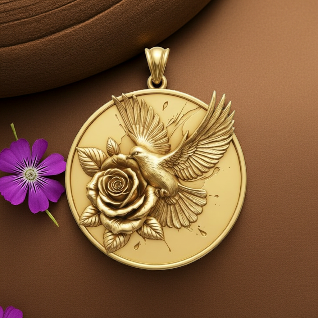 Hummingbird Necklace Gold Rose Pendant | 9K 14K 18K Gold Bird Necklace | Engraved Floral Jewelry | Nature Gift for Women | Handmade Charm