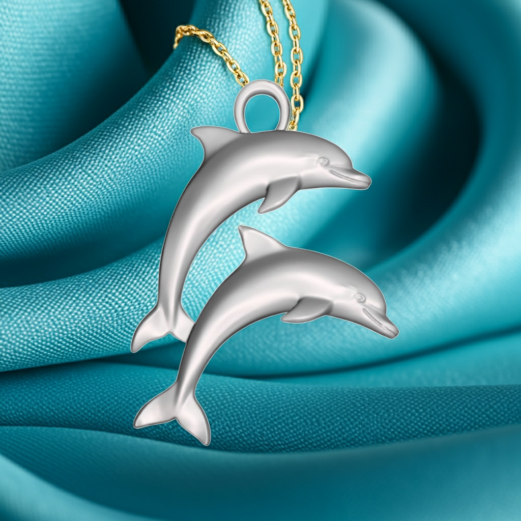 Double Dolphin Pendant with Integrated Bail – Polished Silver or Brass – 28 x 21 mm