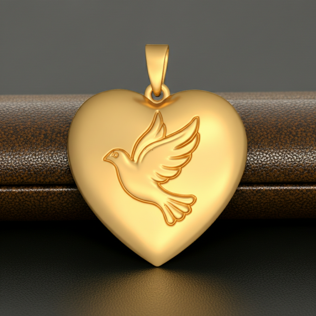 Holy Spirit Dove Heart Pendant – 30mm Polished Yellow Gold – Christian Faith Necklace, Religious 3D Relief Charm