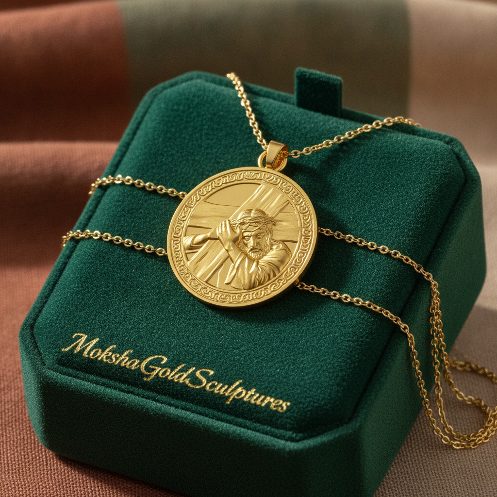 The Jesus Carrying the Cross Medallion Pendant in 9K gold by MokshaGoldSculptures.