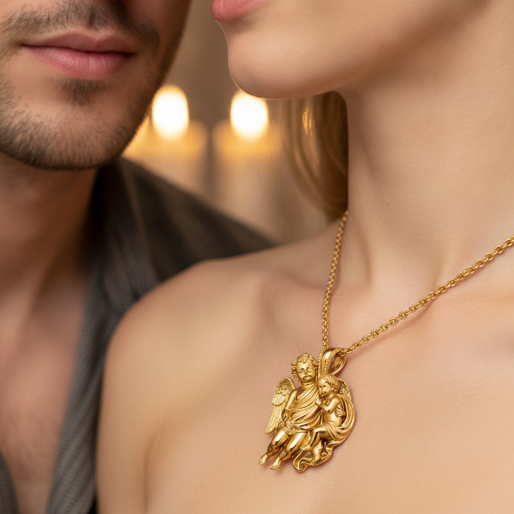 Golden Cherub Duo Pendant Necklace | Guardian Angel Jewelry | 9K Gold, Sterling Silver & Yellow Brass | Handmade Religious Gift
